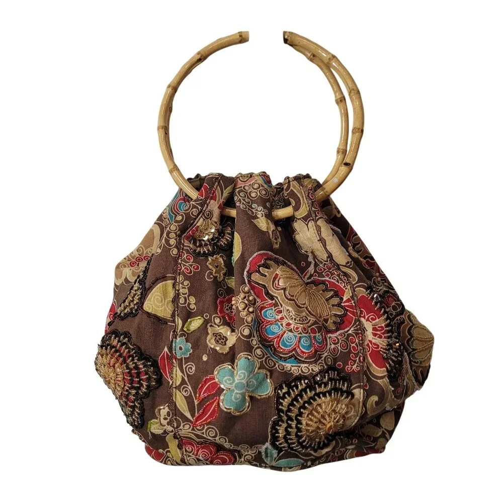 Tianni Floral Embroidered Boho Fabric Handbag With Bamboo Ring Handles